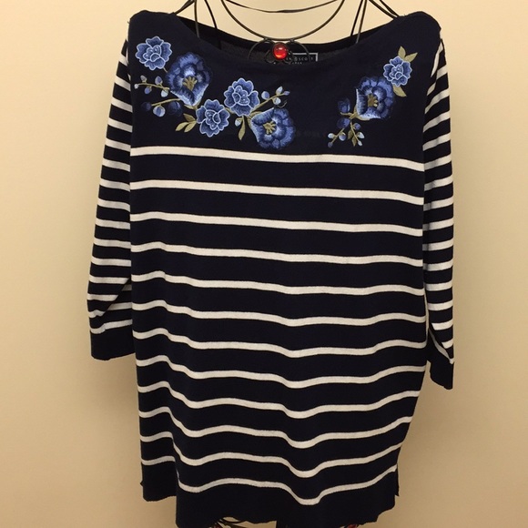 Women’s Embroidered Striped Blue White Sweater OX - Picture 1 of 7